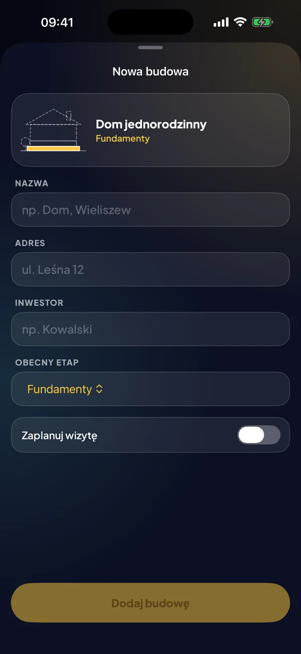 Nazwij budowę i ustaw etap