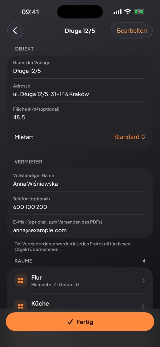 Vorlage des Objekts öffnen